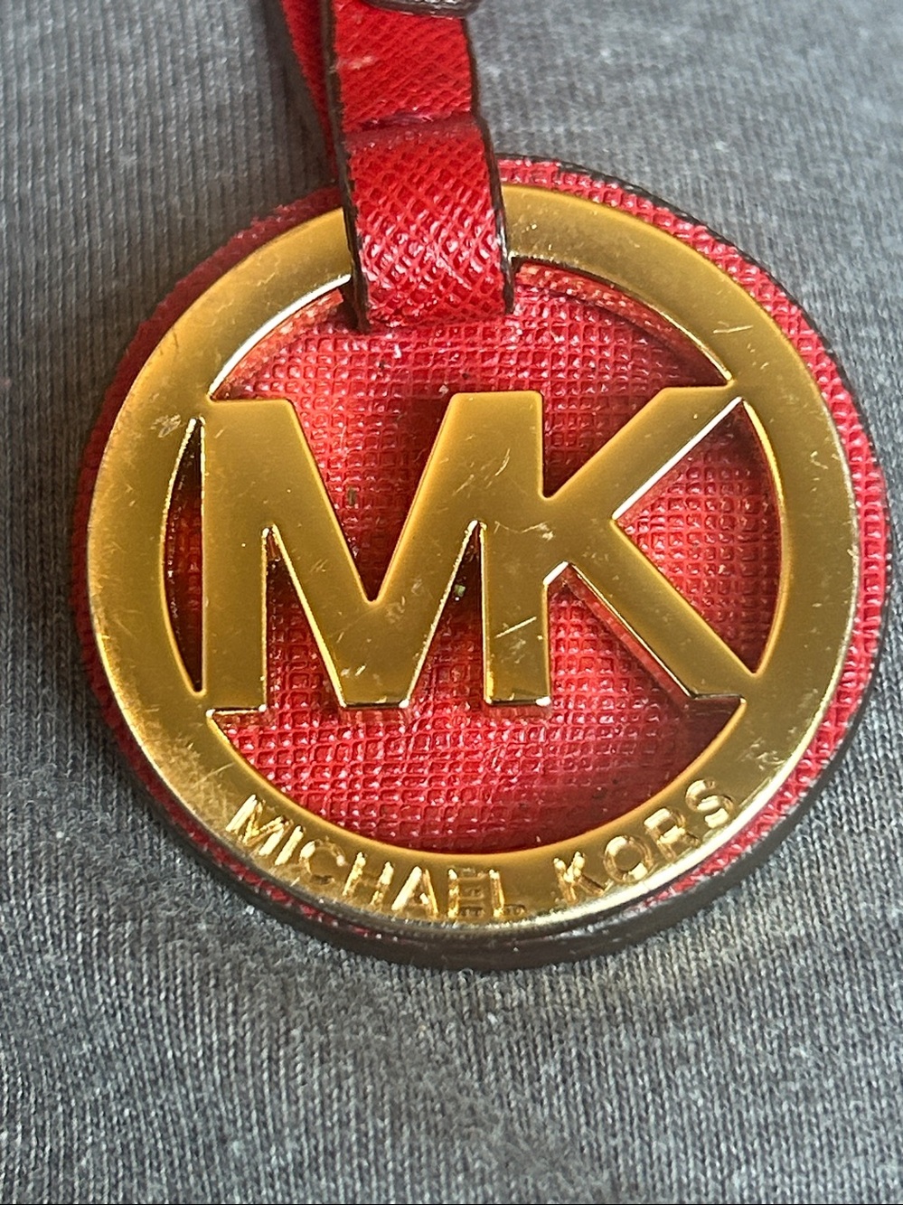Michael Kors Red Leather MK Logo Keyring with Gold Hardware